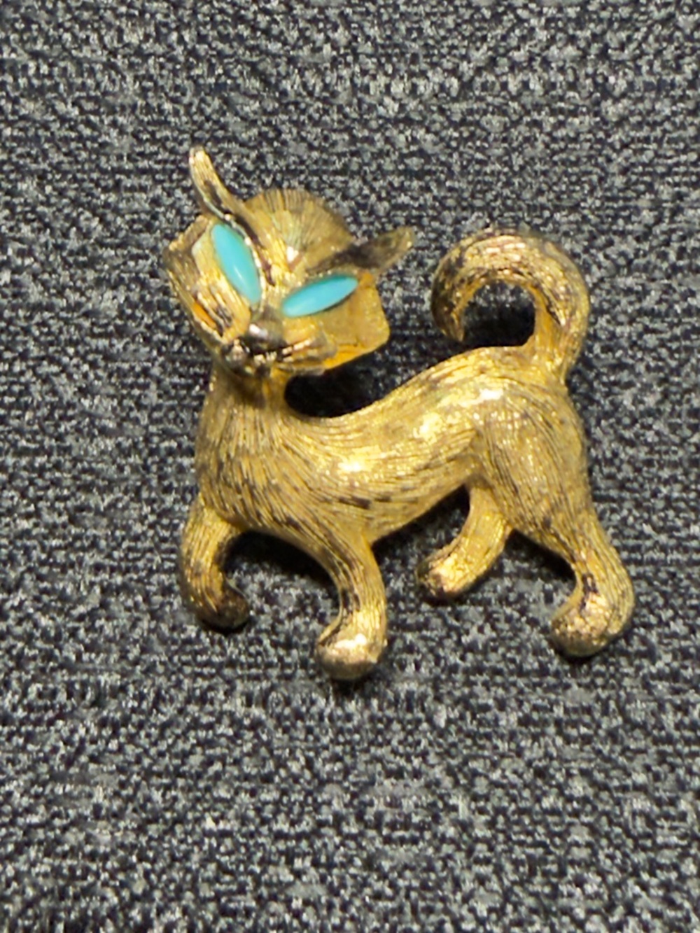 Gold tone Cat Brooch with Turquoise Eyes - Vintage-Inspired Pet Jewelry